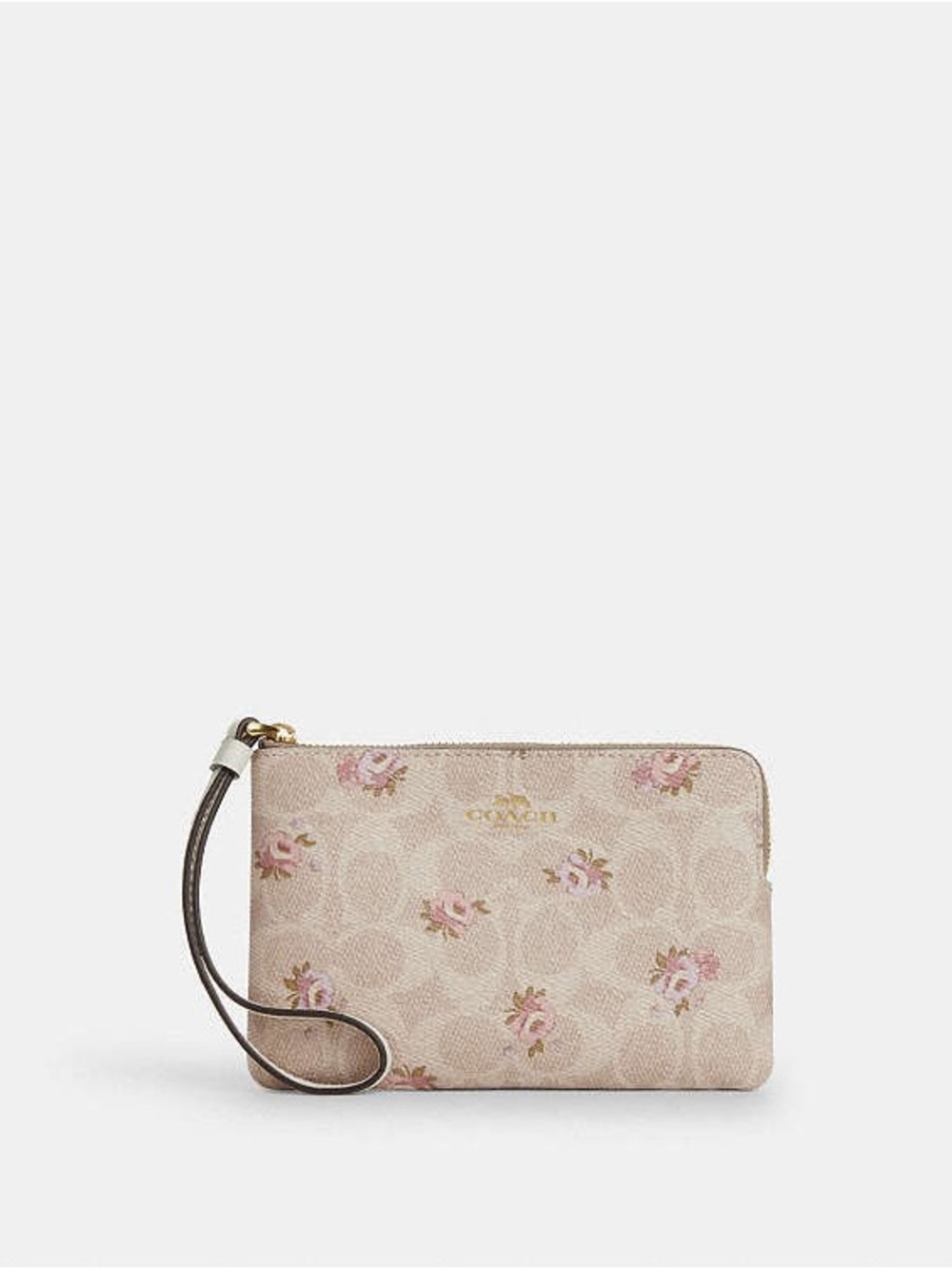 Coach Pink Floral Signature Zip Wristlet with Gold Hardware
